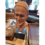 A SUBSTANTIAL TERRACOTTA BUST OF A RENAISSANCE FIGURE MOUNTED ON A SOLID SLATE BASE H- 54CM