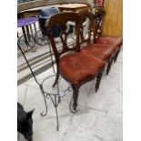 THREE VICTORIAN MAHOGANY DINING CHAIRS AND SMALL METALWARE CHAIR