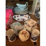 A COLLECTION OF CERAMIC ITEMS TO INCLUDE BUTTER DISH, CHEESE DISH, CARLTONWARE, WEDGWOOD HARVEST