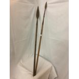 TWO AFRICAN SPEARS, ONE WITH BARBED HEAD, LENGTH 118CM