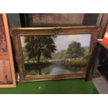 A LARGE GILT FRAMED OIL ON CANVAS SIGNED T LEIGHTON APPROXIMATELY 108X79CM