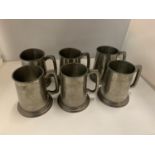 SIX PEWTER GLASS BOTTOMED TANKARDS