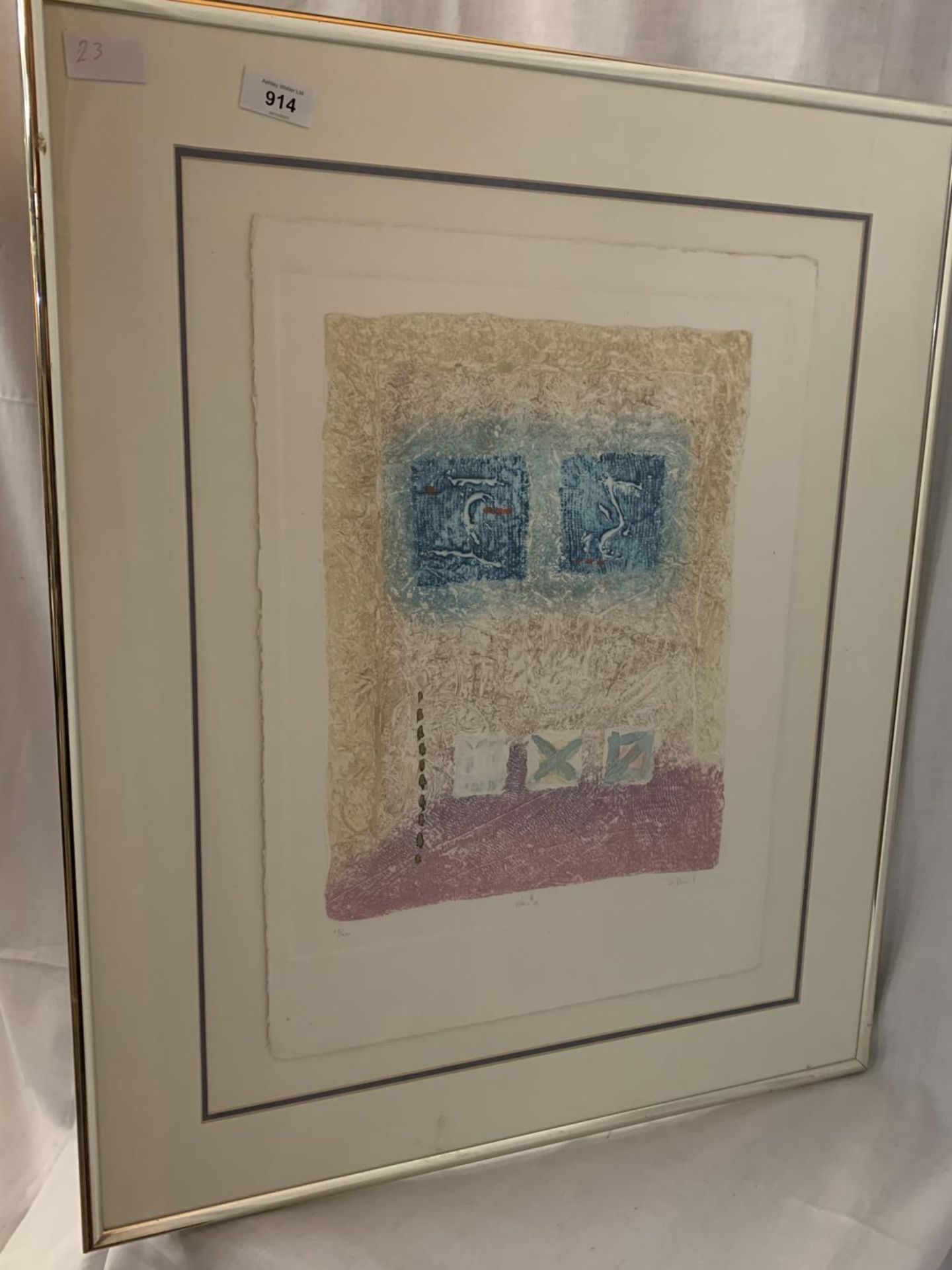 A CHROME FRAMED PIECE ON TEXTURED PAPER MOUNTED