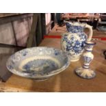 THREE ITEMS OF BLUE AND WHITE CERAMICS TO INCLUDE A LARGE ROYAL BURSLEM JUG, A BOWL AND A HAND[