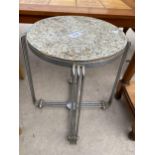 AN OCCASIONAL TABLE ON POLISHED CHROME STRAND BASE, WITH MARBLE EFFECT TOP, 12" DIAMETER