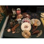 A LARGE AMPOUNT OF ITEMS TO INCLUDE TREEN ANIMALS, CABINET PLATES, VASES, TRINKET BOXES, FIGURES,