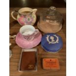 A COLLECTION OF ITEMS TO INCLUDE A MOUSTACHE CUP AND SAUCER, A WEDGWOOD JASPERWARE TRINKET BOWL,