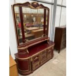 A 19TH CENTURY STYLE RED WALNUT EFFECT MIRROR BACKED SIDE-CHEST PROFUSELY DECORATED IN GOLD,