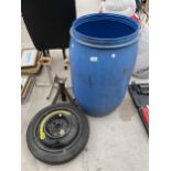 AN AXLE STAND, TWO FURTHER METAL STOOL BASES AND A SPACE SAVER WHEEL AND TYRE