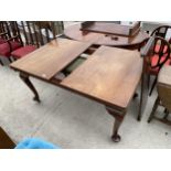 A 19TH CENTURY MAHOGANY WIND-OUT DINING TABLE ON CABRIOLE LEGS, 39 X 59" (LEAF 17" WIDE)