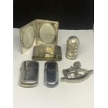 SIX SILVER PLATED AND WHITE METAL ITEMS TO INCLUDE A PHOTOGRAPH FRAME, NAPKIN RING, LIGHTERS ETC