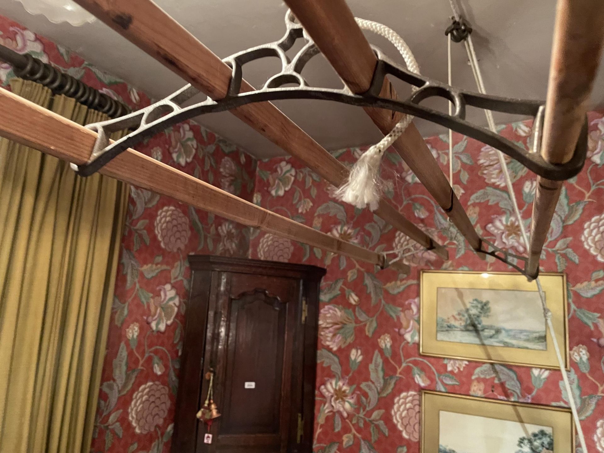 A CEILING SUSPENDED CAST IRON AND PINE CLOTHES AIRER - Image 2 of 3