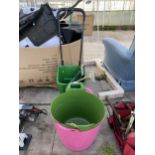 AN ASSORTMENT OF ITEMS TO INCLUDE A GARDEN SEEDER, TWO BUCKETS AND TOOLS ETC