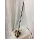 A LATE 19TH/EARLY 20TH CENTURY SCOTTISH BROADSWORD, 84CM BLADE, SILVER-PLATED PIERCED GUARD
