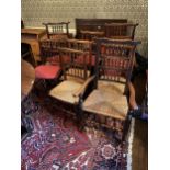 A HARLEQUIN SET OF EIGHT LANCASHIRE SPINDLE BACK RUSH SEATED CHAIRS COMPRISING OF FIVE SINGLES AND