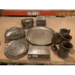 AN AMOUNT OF PEWTER TO INCLUDE TANKARDS, PLATES, TINS, BOXES, ETC