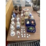 AN ASSORTMENT OF ITEMS TO INCLUDE CERAMIC BELLS, ORIENTAL VASES WITH 24K GOLD ETTCHING AND A MUSIC