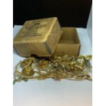 A VINTAGE BOX CONTAIING YELLOW METAL JEWELLERY
