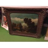 AN ORNATELY FRAMED SCENE OF A COTTAGE, A/F CRACKING TO THE PAINT AND FRAME