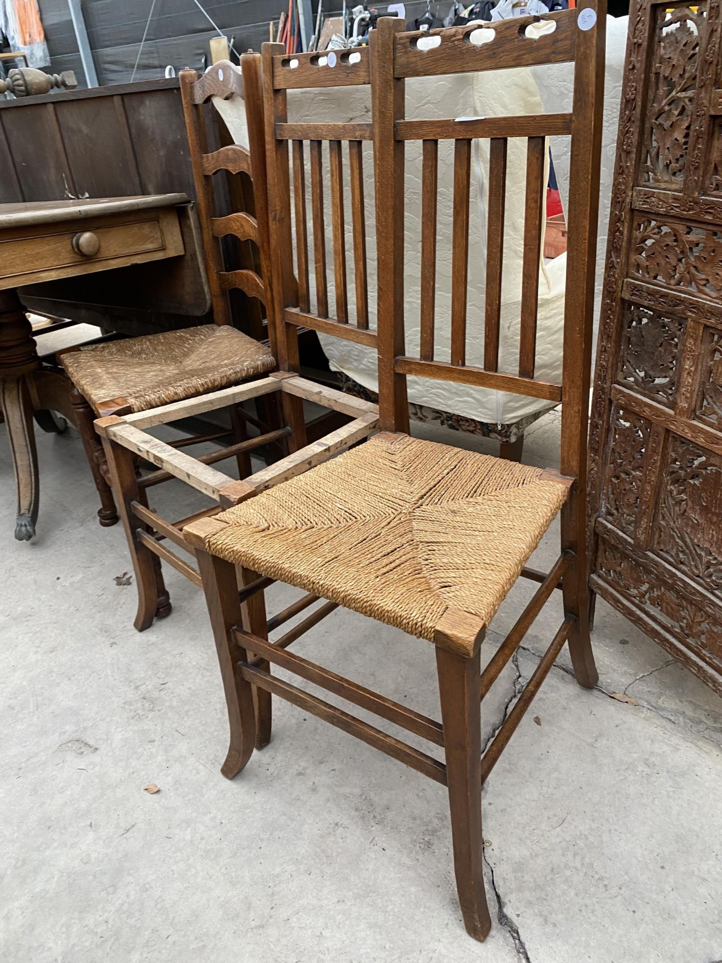 A PAIR OF OAK ARTS & CRAFTS BEDROOM CHAIRS AND LANCASHIRE LADDERBACK CHAIR - Image 2 of 2