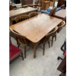 A MODERN PINE VICTORIAN STYLE DINING TABLE 59 X 35", TOGETHER WITH FIVE CHAIRS