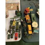 A QUANTITY OF PLAYWORN CARS, LORRIES, MILITARY TOYS, ETC