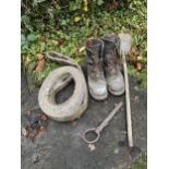 AN ASSORTMENT OF ITEMS TO INCLUDE WORK BOOTS, TOW ROPE AND SMALL FIRE SHOVEL ETC