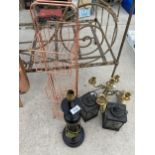 AN ASSORTMENT OF ITEMS TO INCLUDE A BRASS CANDLE STICK, CANDLE HOLDERS AND A SHELVING UNIT ETC