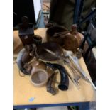 A LARGE AMOUNT OF TREEN ITEMS TO INCLUDE A SALT BOX, BOWLS, UTENSILS, HORNS, ANIMALS, ETC
