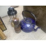 A VINTAGE TILLY LAMP, A VINTAGE PARAFIN LAMP AND AN ENAMEL KETTLE