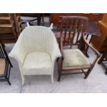 A LLOYD LOOM CHAIR AND OAK ELBOW CHAIR