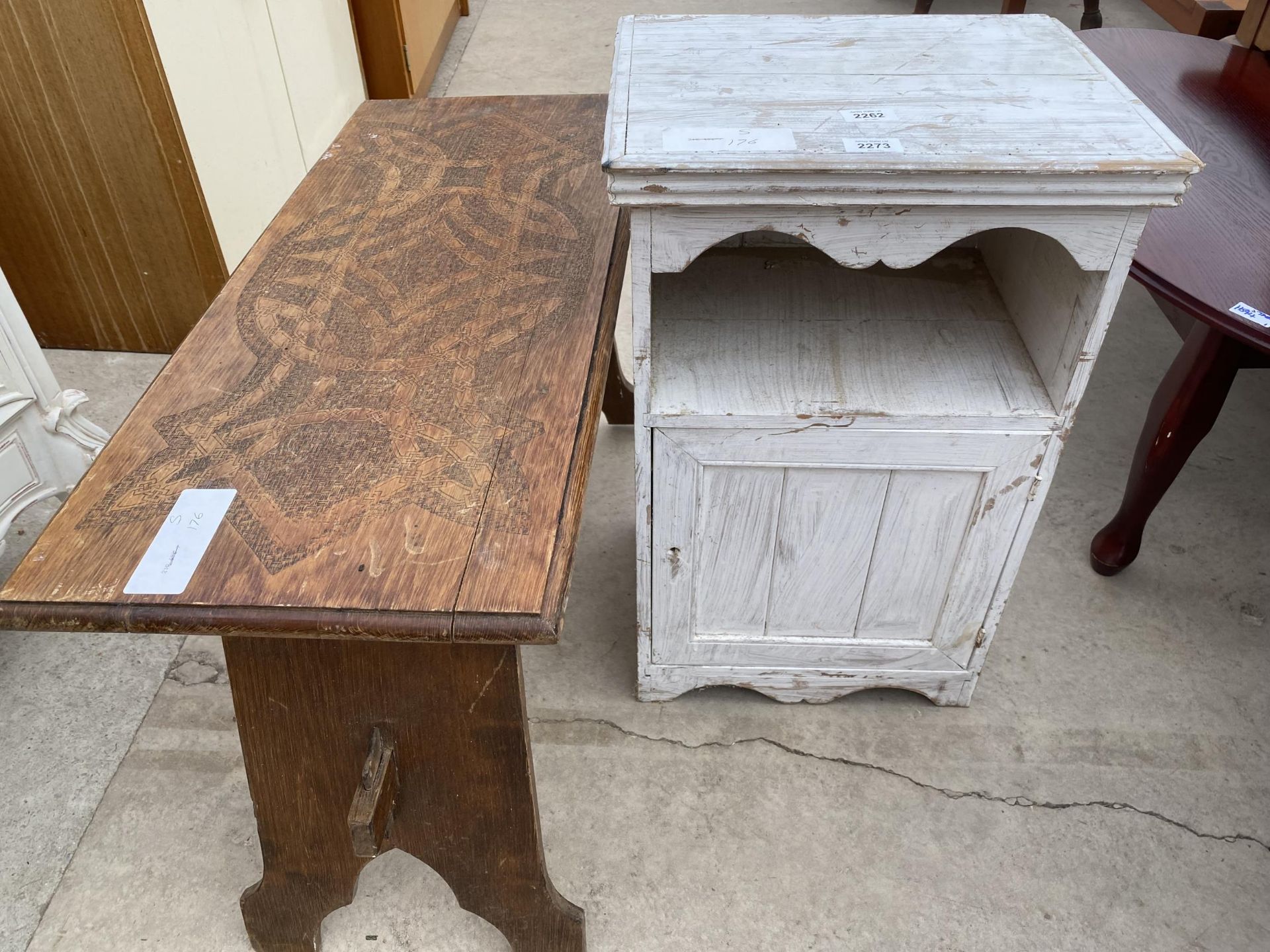 A SHABBY CHIC BEDSIDE LOCKER AND A POKER WORK COFFEE TABLE