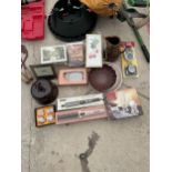 AN ASSORTMENT OF ITEMS TO INCLUDE A WEDGWOOD JUG, PHOTO FRAMES AND CURLING BRUSHES ETC