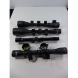 FOUR ASSORTED TELESCOPIC SIGHTS, COMPRISING OPTIK 3-9 X 50E, HAMMERLI 6X42, HUBERTUS 4X20 AND A