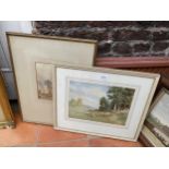 A FRAMED LANDSCAPE WATERCOLOUR DEPICTING SHEEP AND A FRAMED WATERCOLOUR DEPICTING VILLAGE SCENE