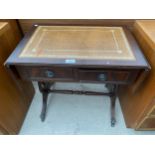 A MAHOGANY MINIATURE SOFA TABLE WITH LEATHER TOP