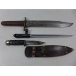 A BOWIE KNIFE, 25CM BLADE AK47 BAYONET AND A SMALL KNIFE AND SCABBARD (3)