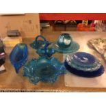 THIRTEEN PIECES OF BLUE GLASSWARE TO INCLUDE DISHES, PLATES, VASE ETC