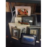 A MIXED GENRE OF VARIOUS FRAMED PICTURES OF ANIMALS, SCENES, PEOPLE,, KEYS ETC.
