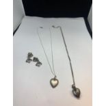 TWO SILVER NECKLACES WITH PENDANTS (ONE A/F) AND A PAIR OF EARRINGS