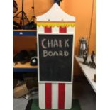 A VERY LARGE HAND PAINTED WOODEN 'CIRCUS TENT' THEMED CHALK BOARD, HEIGHT 183CM, WIDTH 61CM