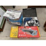 AN ASSORTMENT OF ITEMS TO INCLUDE A WALLPAPER STRIPPER, AN ELECTRIC DRILL AND A TILE CUTTER