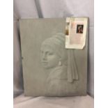 A CONSTITUTED STONE PLAQUE OF 'THE GIRL WHO WON'T GO OUT AGAIN', 40CM X 33CM