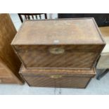 TWO 20TH CENTURY CHINESE BAMBOO FRAMED BLANKET CHESTS WITH BRASS CARRYING HANDLES, 36 AND 32" WIDE