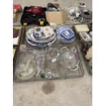 AN ASSORTMENT OF ITEMS TO INCLUDE BLUE AND WHITE CERAMIC PLATES, A GLASS DEMI JOHN AND GLASS