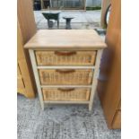A MODERN CHEST WITH THREE WICKER DRAWERS, 19.5" WIDE