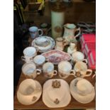 AN AMOUNT OF ITEMS TO INCLUDE ROYAL COMMEMORATIVE CUPS AND PLATES, JUGS, A STONE HOT WATER BOTTLE