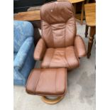 A BROWN STRESSLESS ADJUSTABLE CHAIR AND STOOL