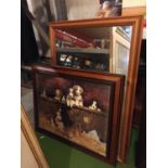 A FRAMED PICTURE OF FARM PUPPIES AND A WOODEN FRAMED MIRROR