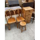 A PAIR OF PINE WHEELBACK CHAIRS, FIVE DRAWER CHEST AND STOOL